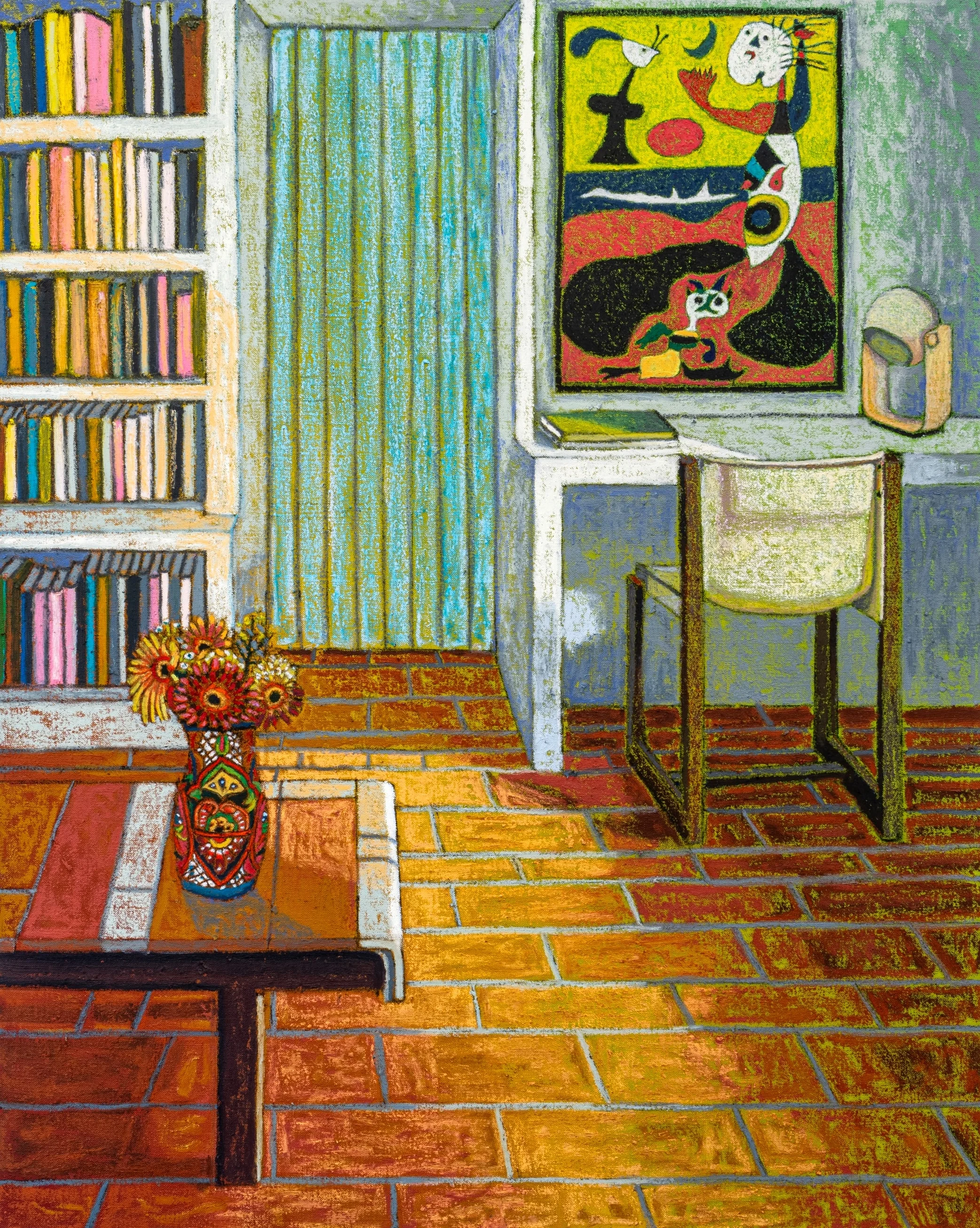 Library Interior with Miró and Talavera Vase, 2024, Oil stick, oil pastel, and Flashe on linen, 139.7 x 111.76 cm, 55 x 44 inches