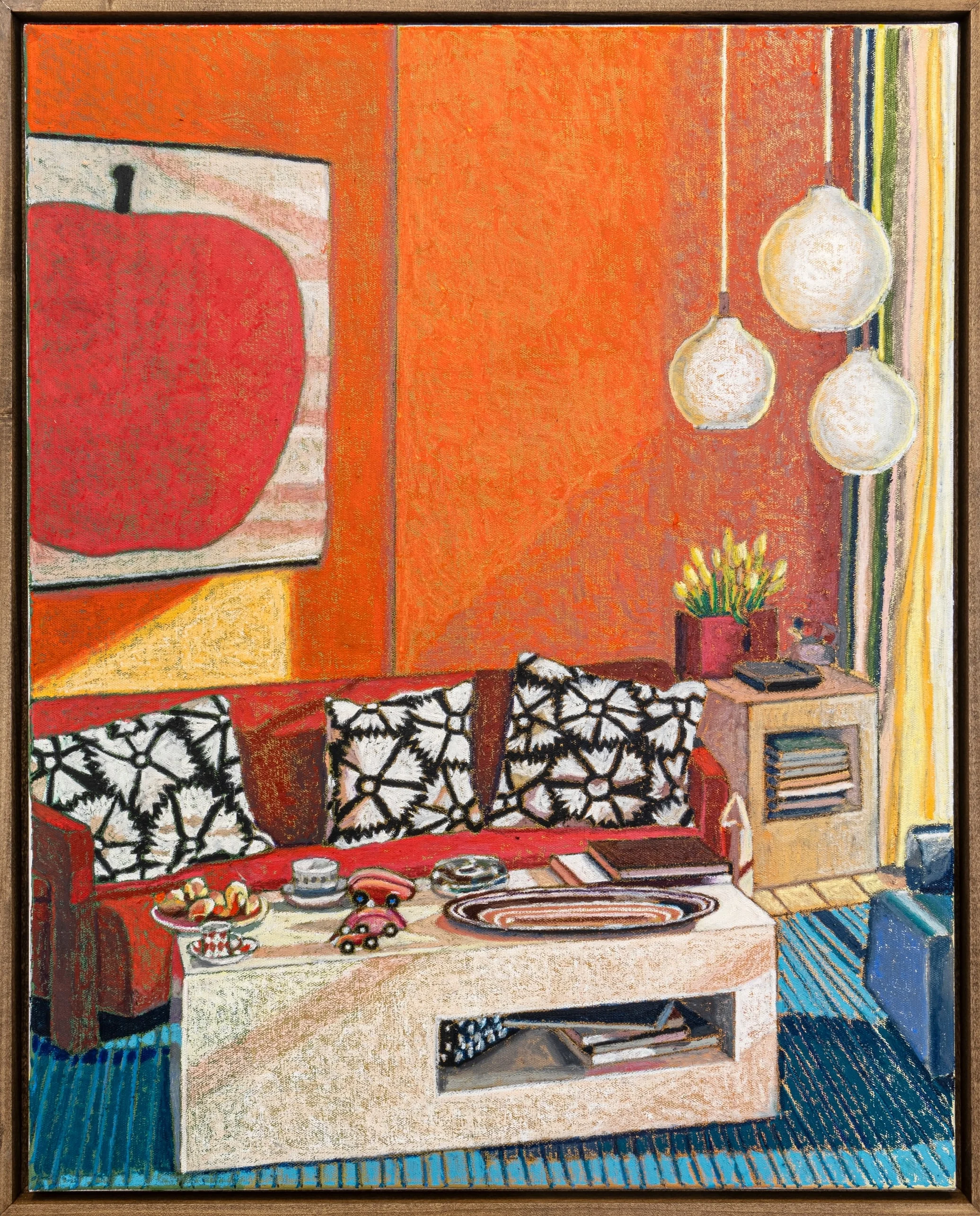 Almodóvar Interior #2 with Enzo Mari, 2024, Oil pastel and Flashe on canvas, 76.2 x 61 cm, 30 x 24 inches