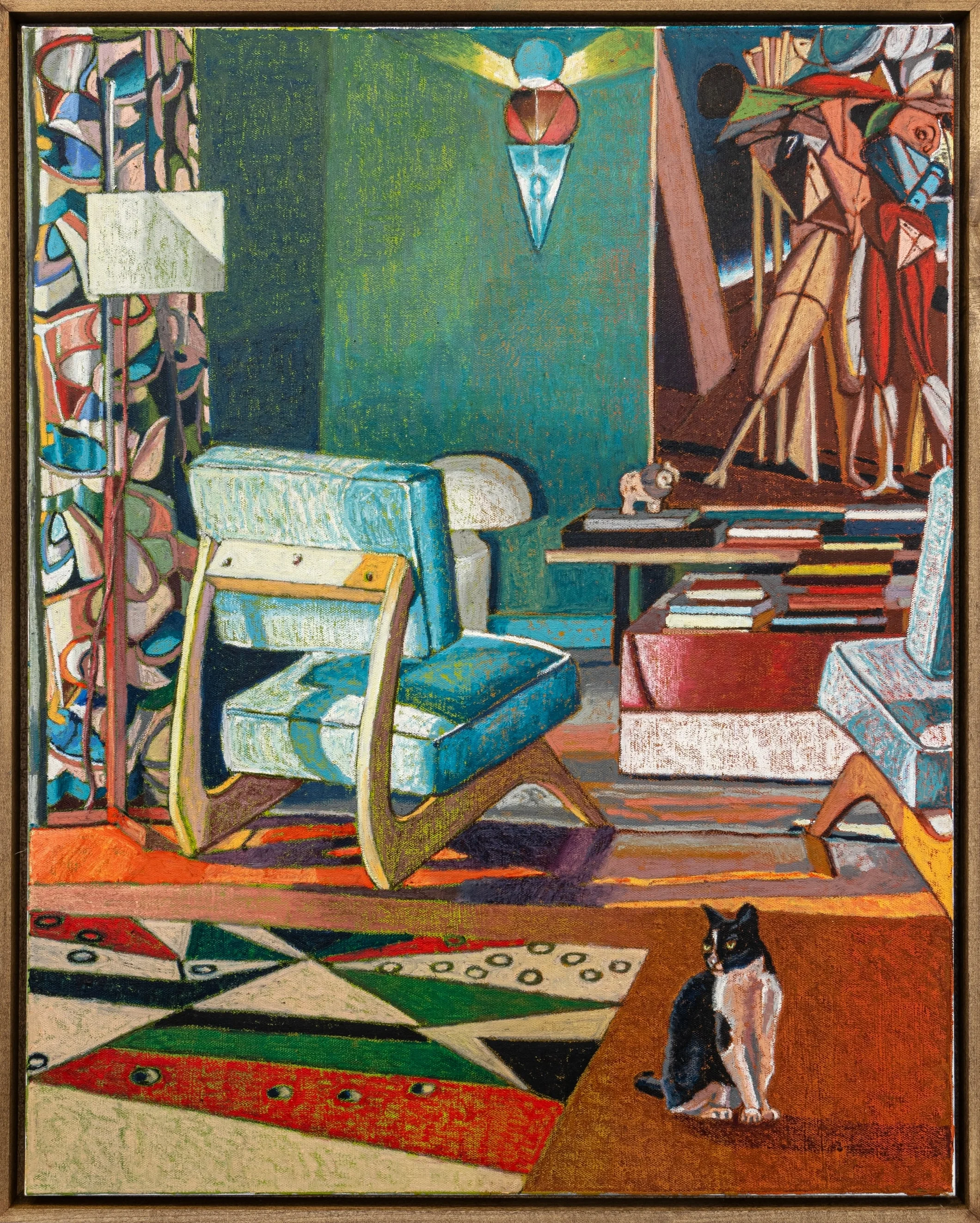 Almodóvar Interior #1 with Cat (The Human Voice), 2024, Oil pastel and Flashe on canvas, 76.2 x 61 cm, 30 x 24 inches