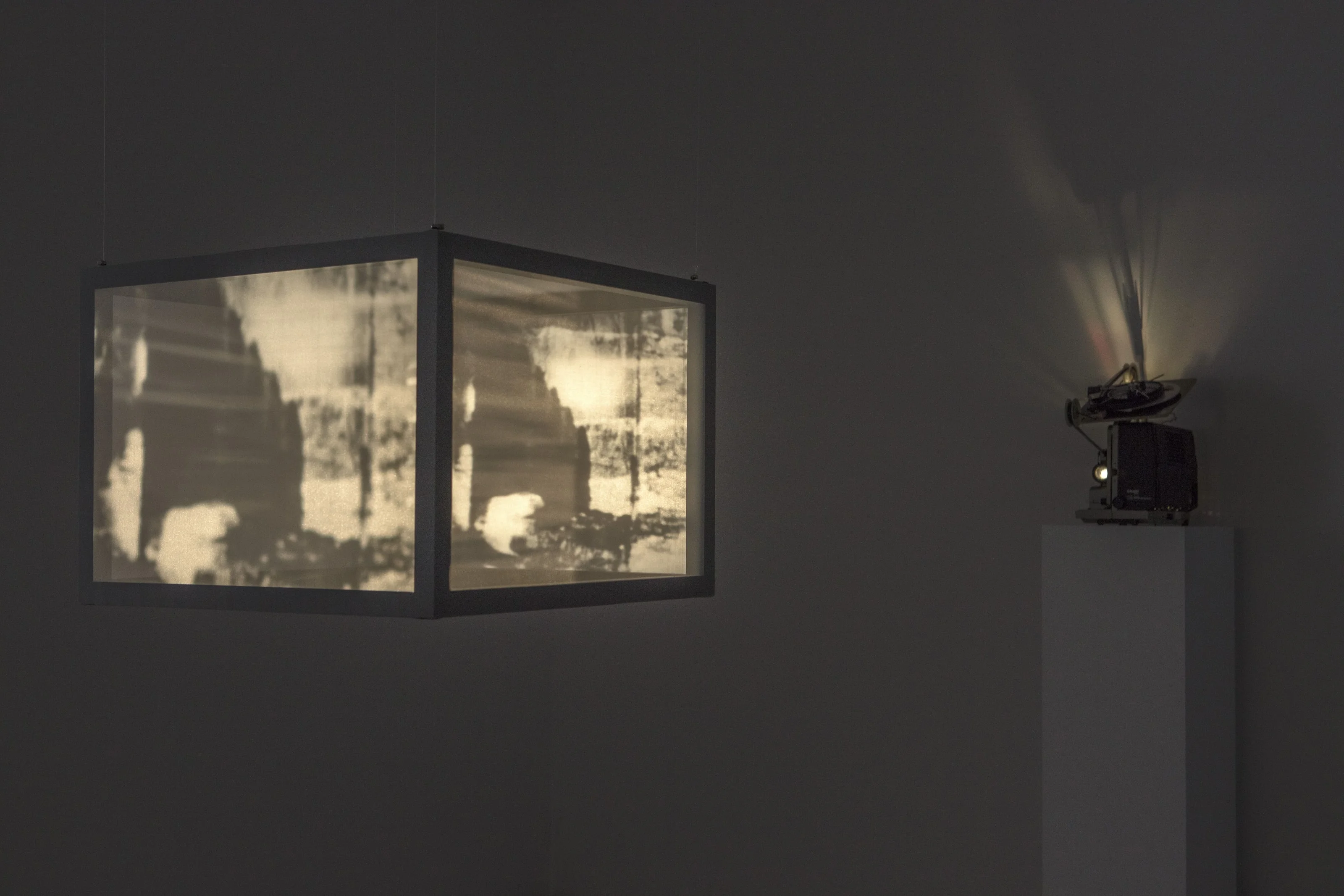 Galvanoscope, 2018, Projector, 16 mm film, wood, 3 min screen time on loop. 58,4 x 78,7 x 78,7 cm
