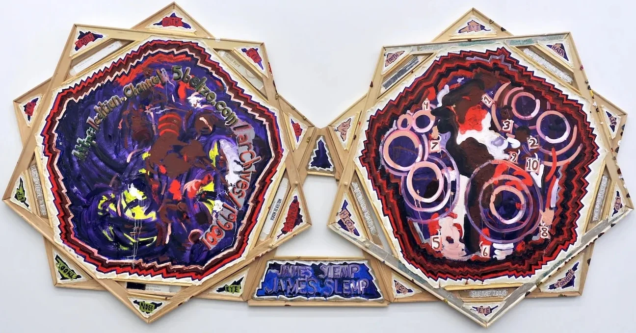 Beheading James Slemp, 2020, Oil on linen with mixed media, 68 x 132 x 4 inches